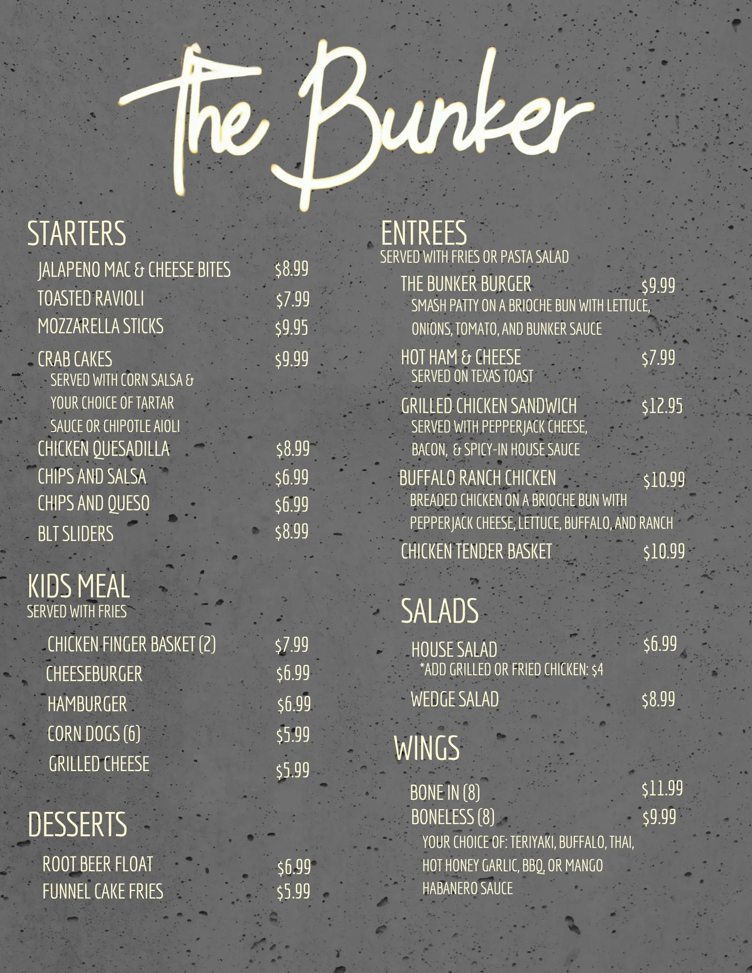 The Bunker menu
